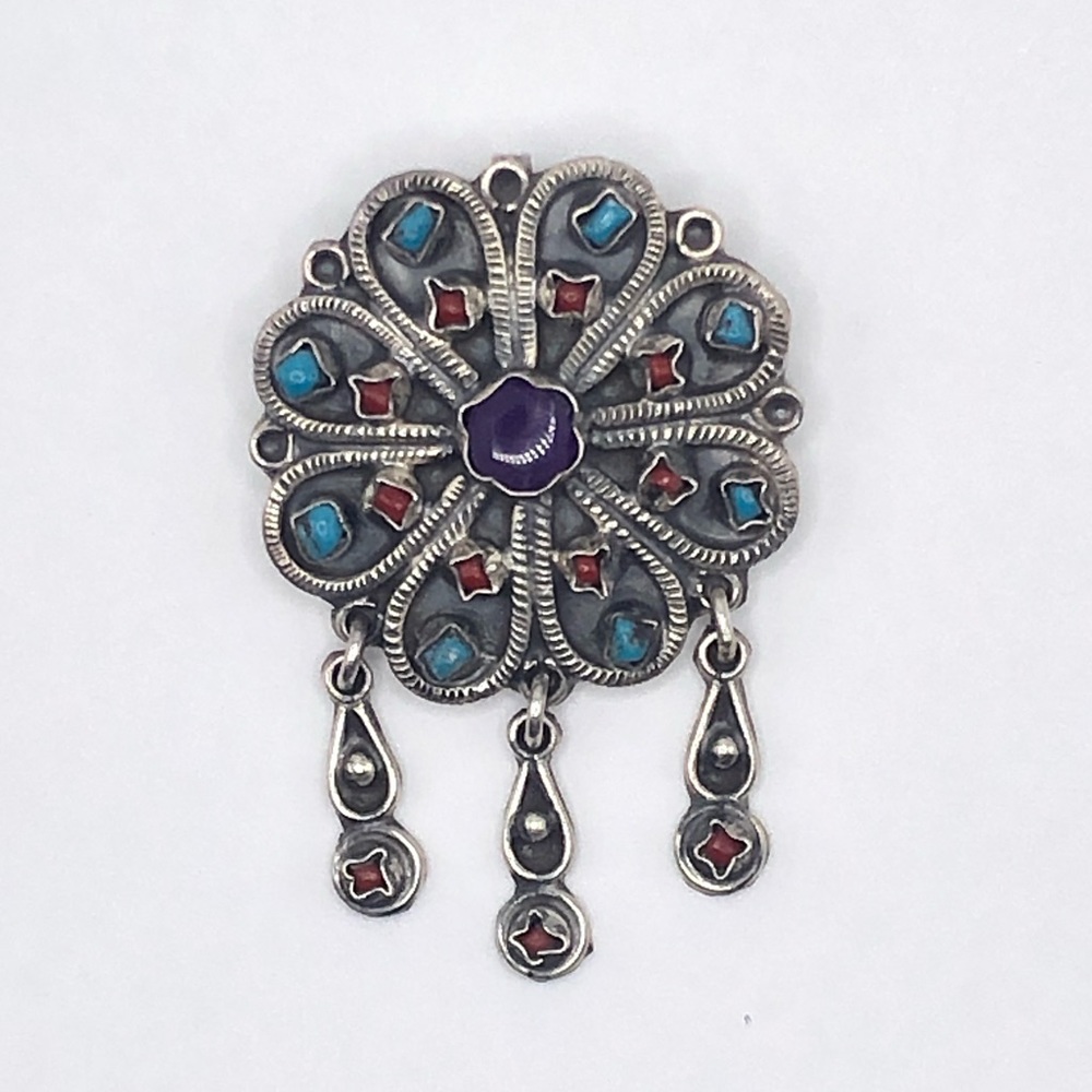 Vintage 925 Silver, Turquoise & Coral Brooch Matl